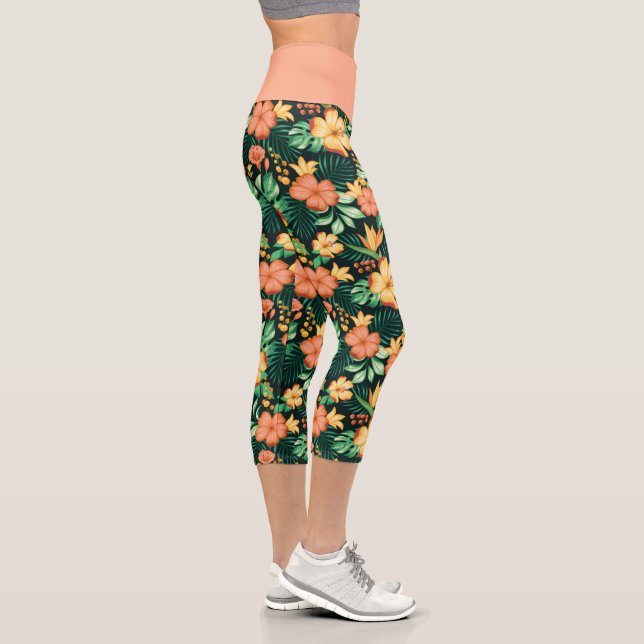 Tropical Orange And Green Flowers Floral Pattern Capri Leggings (Right)