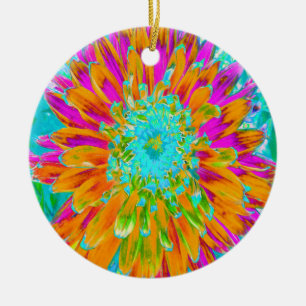 Tropical Orange and Hot Pink Decorative Dahlia Ceramic Ornament