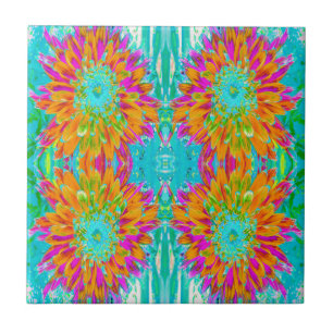 Tropical Orange and Hot Pink Decorative Dahlia Ceramic Tile