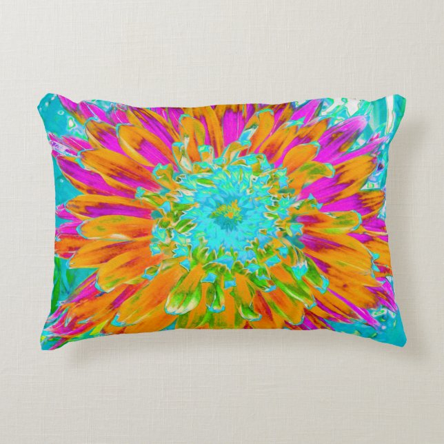 Tropical Orange and Hot Pink Decorative Dahlia Cushion (Front)