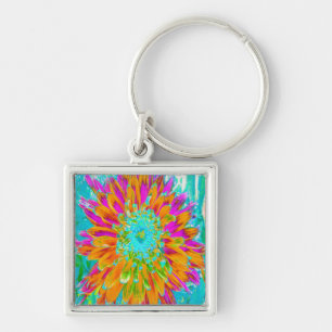 Tropical Orange and Hot Pink Decorative Dahlia Key Ring