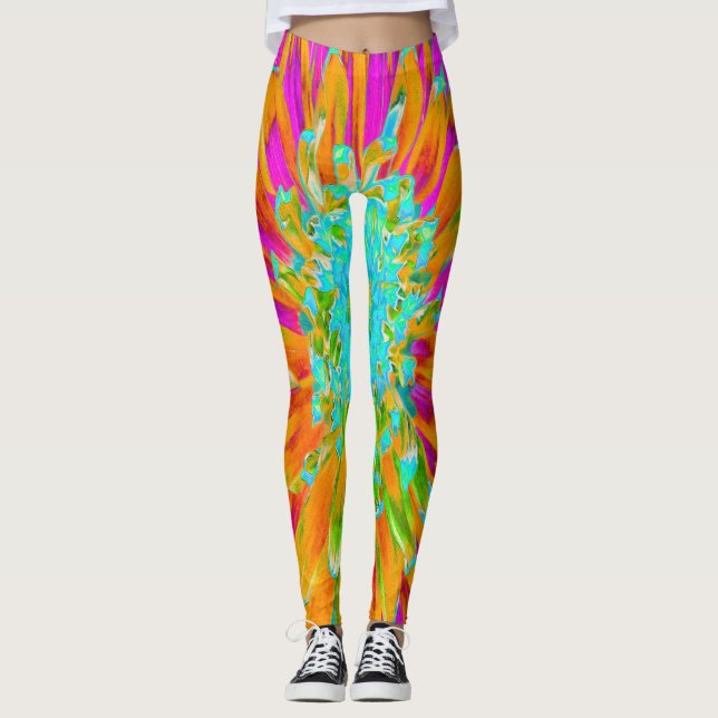 Tropical Orange and Hot Pink Decorative Dahlia Leggings (Front)