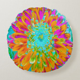 Tropical Orange and Hot Pink Decorative Dahlia Round Cushion