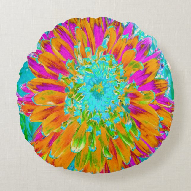 Tropical Orange and Hot Pink Decorative Dahlia Round Cushion (Front)