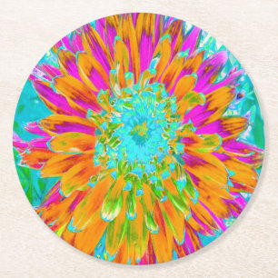 Tropical Orange and Hot Pink Decorative Dahlia Round Paper Coaster