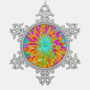 Tropical Orange and Hot Pink Decorative Dahlia Snowflake Pewter Christmas Ornament