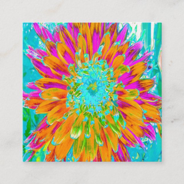 Tropical Orange and Hot Pink Decorative Dahlia Square Business Card (Front)
