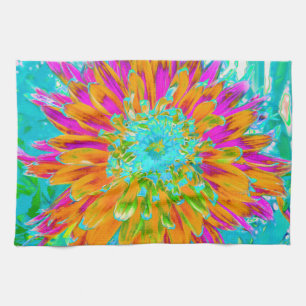Tropical Orange and Hot Pink Decorative Dahlia Tea Towel