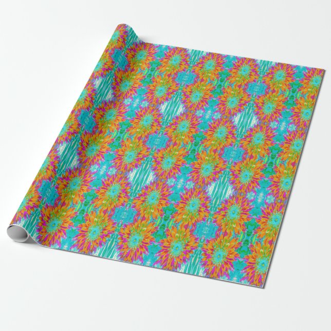 Tropical Orange and Hot Pink Decorative Dahlia Wrapping Paper (Unrolled)