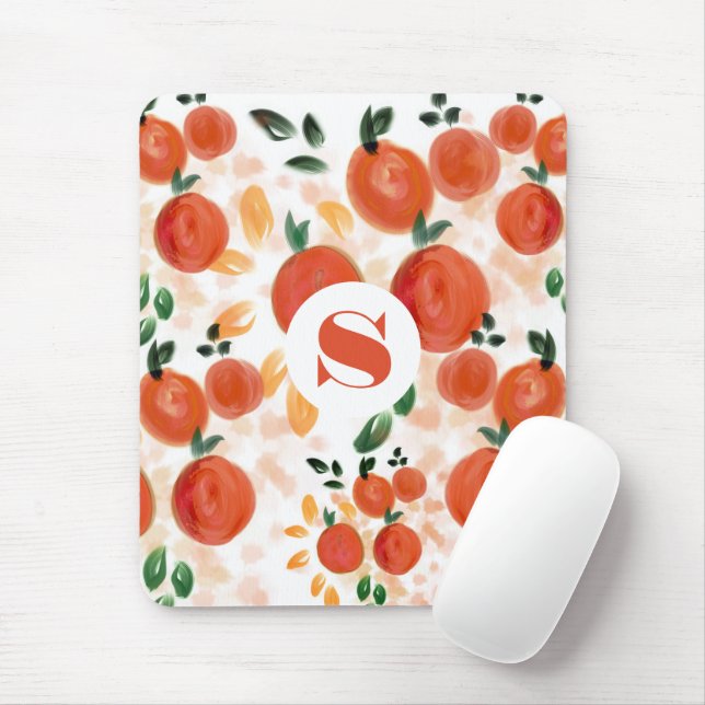 Tropical Orange and Leaves Pattern Monogrammed Mouse Pad (With Mouse)