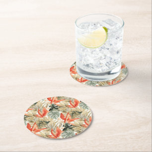 Tropical Orange Anthurium Floral Jungle Round Paper Coaster