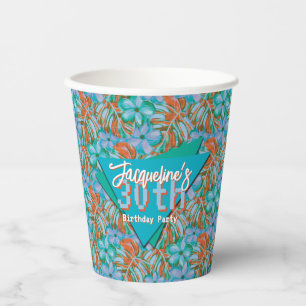 Tropical Orange & Blue Floral Birthday Paper Cups