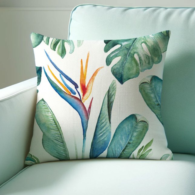 Tropical Orange Flower Botanicals and Greenery Cushion (Tropical throw pillows watercolor bird of paradise art by Victoria Grigaliunas of Do Tell A Belle)