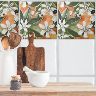 Tropical Orange & Flowers Watercolor Pattern Ceramic Tile
