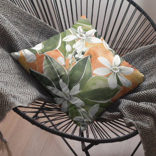 Tropical Orange & Flowers Watercolor Pattern Cushion
