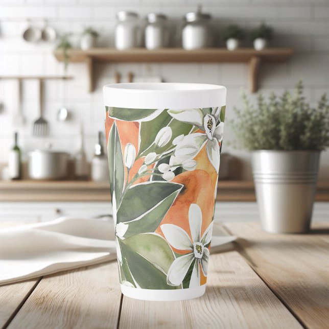 Tropical Orange & Flowers Watercolor Pattern Latte Mug (Creator Uploaded)