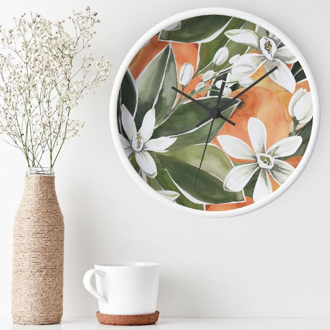 Tropical Orange & Flowers Watercolor Pattern Round Clock (Creator Uploaded)
