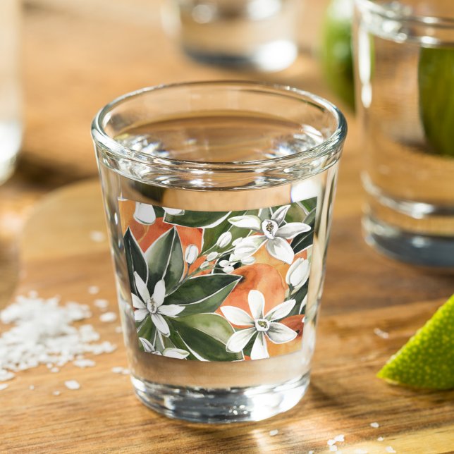Tropical Orange & Flowers Watercolor Pattern Shot Glass (Creator Uploaded)