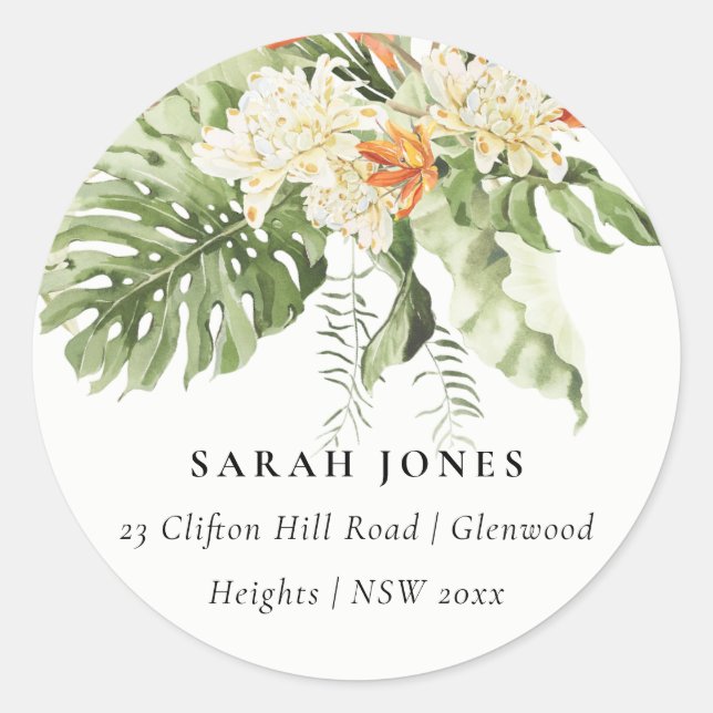 Tropical Orange Green Leafy Botanical Address Classic Round Sticker (Front)