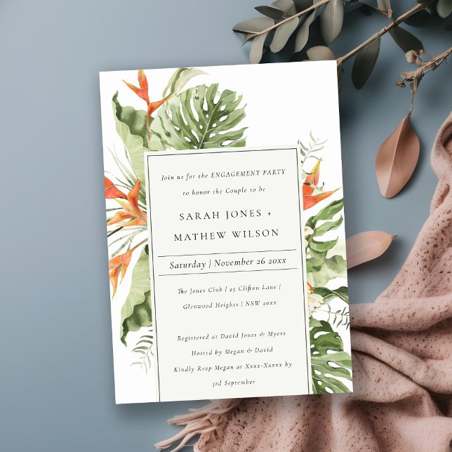 Tropical Orange Green Leafy Botanical Engagement Invitation (Creator Uploaded)