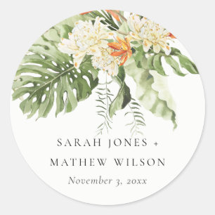 Tropical Orange Green Leafy Botanical Wedding Classic Round Sticker