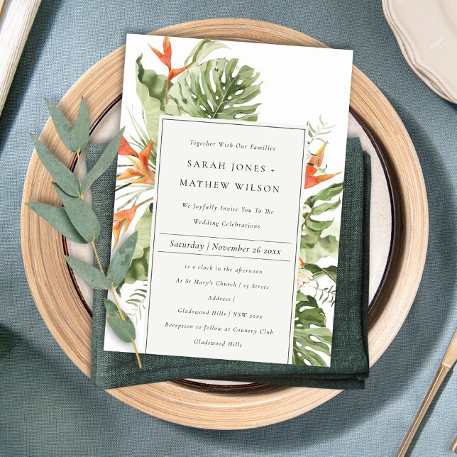 Tropical Orange Green Leafy Botanical Wedding Invitation (Creator Uploaded)