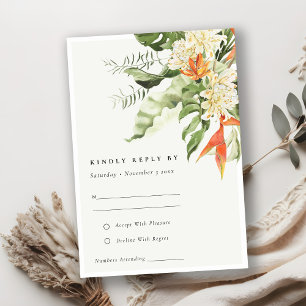 Tropical Orange Green Leafy Botanical Wedding RSVP Card