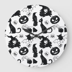 Tropical Orange Grey: Vintage Pattern Large Clock