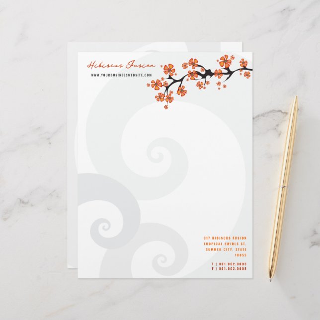 Tropical Orange Hibiscus Flower Fusion Grey Swirls Customized Letterhead (Front/Back In Situ)