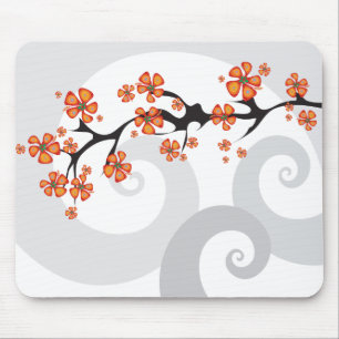 Tropical Orange Hibiscus Flower Fusion Grey Swirls Mouse Pad