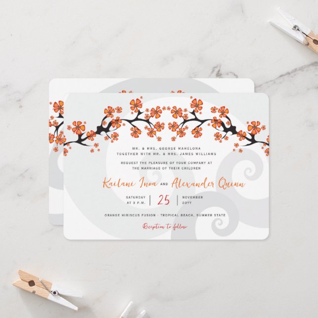 Tropical Orange Hibiscus Fusion Grey Swirl Wedding Invitation (Front/Back In Situ)