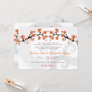Tropical Orange Hibiscus Fusion Grey Swirl Wedding Invitation