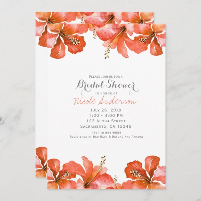 Tropical Orange Hibiscus Hawaiian Party Invitation (Front/Back)
