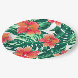 Tropical orange hibiscus paper plate