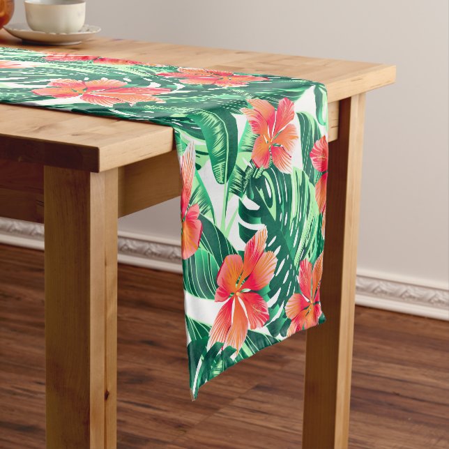 Tropical orange hibiscus short table runner (In Situ)