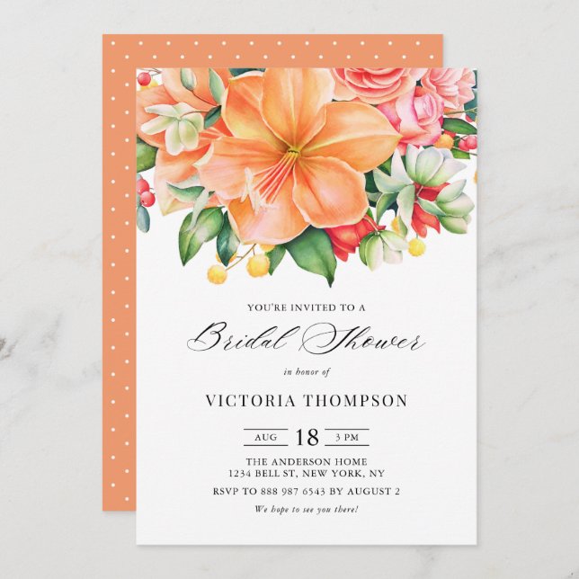 Tropical Orange Hibiscus Succulents Bridal Shower Invitation (Front/Back)