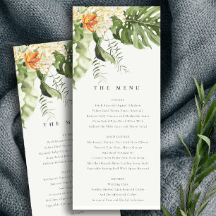 Tropical Orange Leafy Botanical Wedding Menu Card