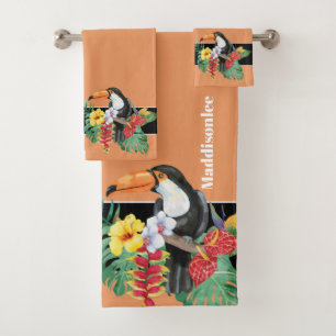 Tropical Orange  Monogram Name Toucan Bathroom Bath Towel Set