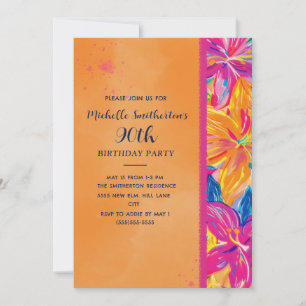 Tropical Orange Pink Floral 90th Birthday Invitation