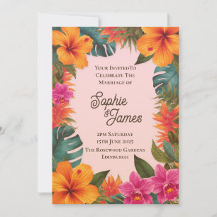 Tropical Orange Pink Hibiscus Floral Wedding Invitation