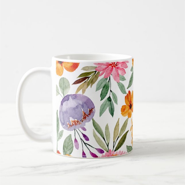 Tropical Orange Yellow Pink Lilac Floral Pattern Coffee Mug (Left)