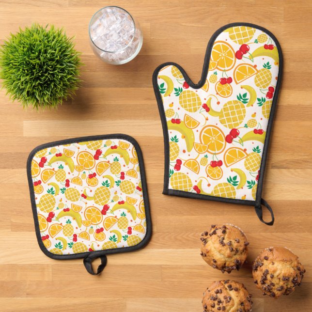 Tropical Oranges, Pineapple, Banana, Cherries  Oven Mitt & Pot Holder Set (Top Down)