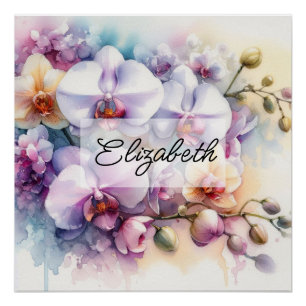 Tropical orchid flowers floral watercolor and name poster