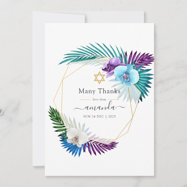 Tropical Orchid Gold Frame Jewish Photo Thank You Card (Front)