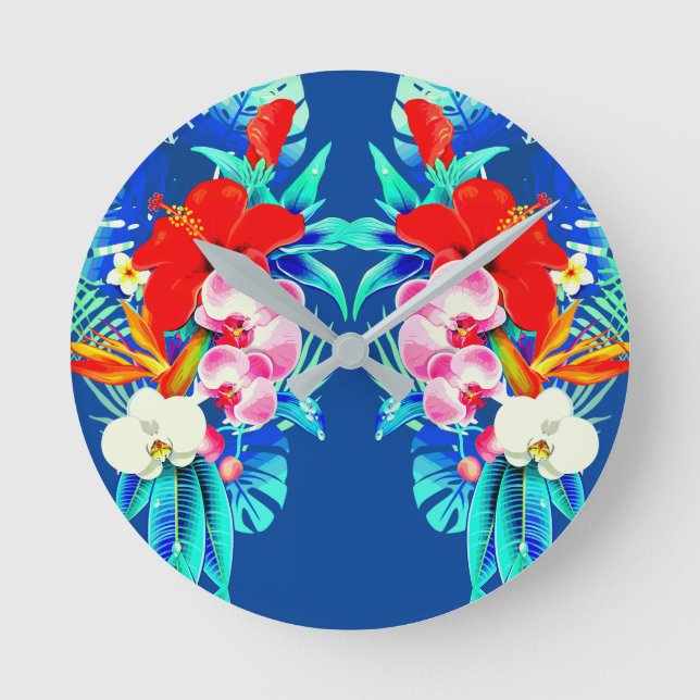 Tropical orchid monster palm Hawaiian floral blue  Round Clock (Front)