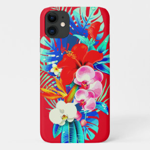Tropical orchid monstera Hawaiian floral red blue iPhone 11 Case