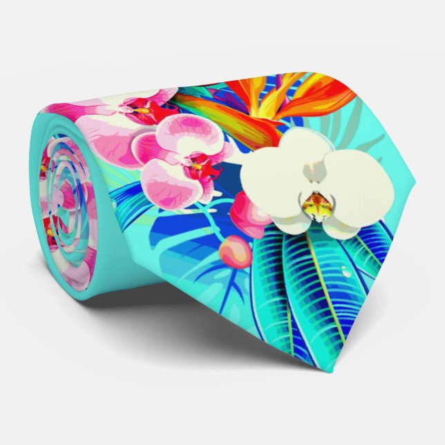 Tropical orchid palm leaf Hawaiian floral teal Tie (Rolled)
