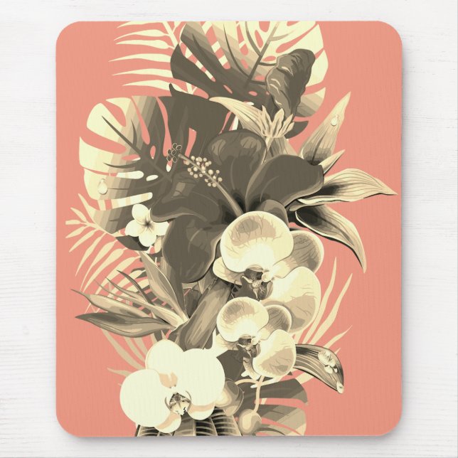 Tropical orchid palm leaves peach Hawaiian floral Mouse Pad (Front)