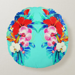 Tropical orchid palm monstera floral teal blue red round cushion
