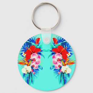 Tropical orchid palm monstera Hawaiian floral Key Ring